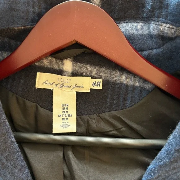 H&M Felted Oversized Coat Check Plaid Dark Blue Size M Bloggers' Favorite - Picture 14 of 15